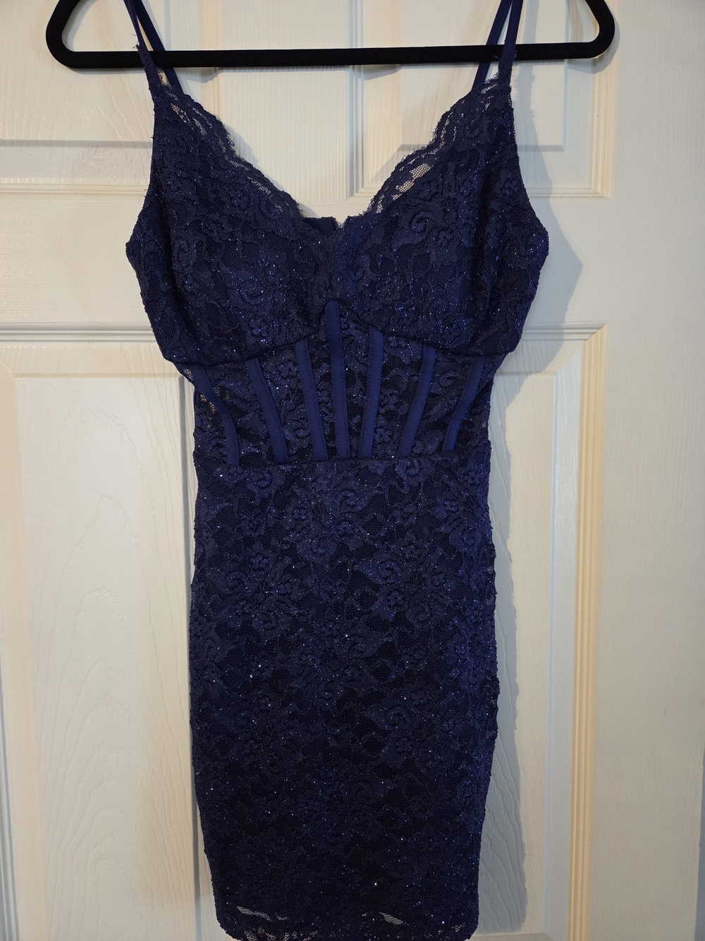 Morgan & Co. Navy Blue Lace Dress with Sparkle and Sheer Corset Panel